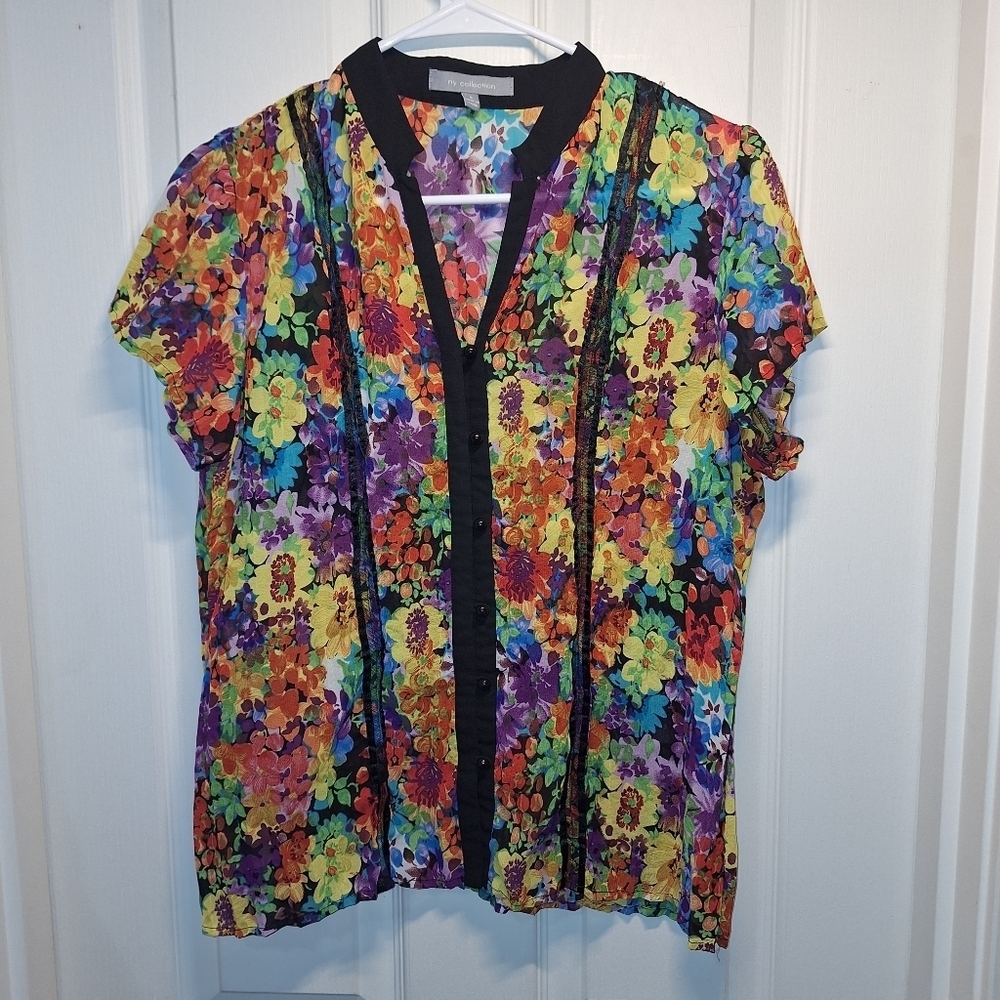 NY Collection Floral Sheer Blouse Small Multicolor